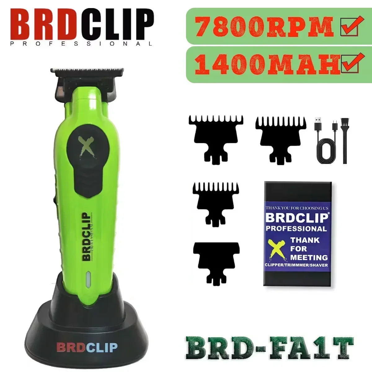 New 2024 BRDCLIP FA1T Green Professional Hair Trimmer Barber Carving Gradient Finish Machine Electric Clipper with Charger Stand
