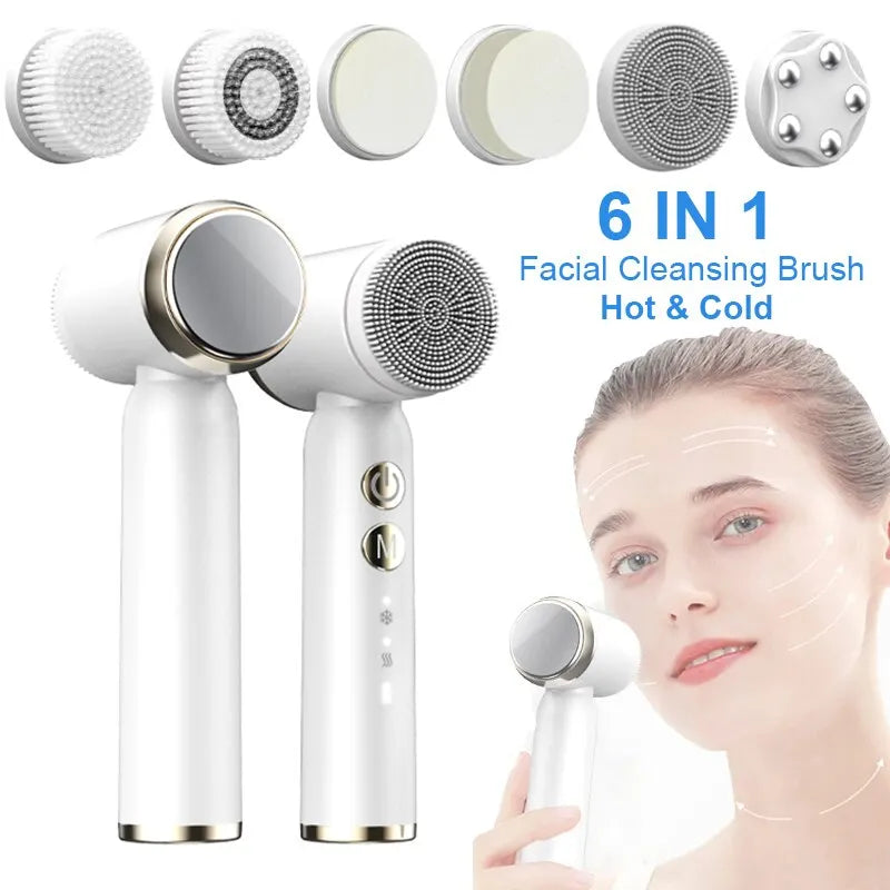 Face Cleaning Machine With 6 Heads Hot Cold Function Brush Instrument Waterproof Facial Cleanser Device Deep Skin Beauty Care