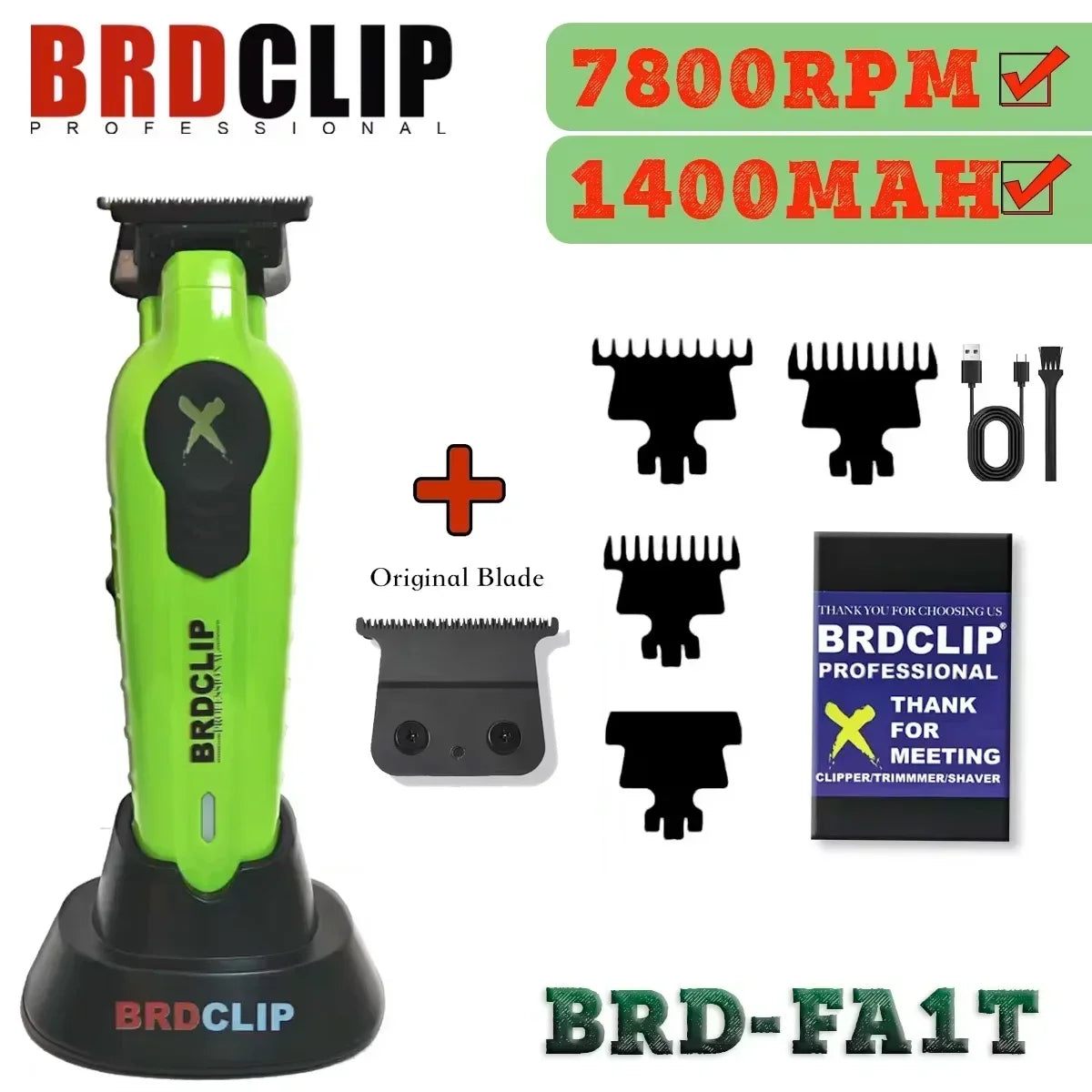 New 2024 BRDCLIP FA1T Green Professional Hair Trimmer Barber Carving Gradient Finish Machine Electric Clipper with Charger Stand