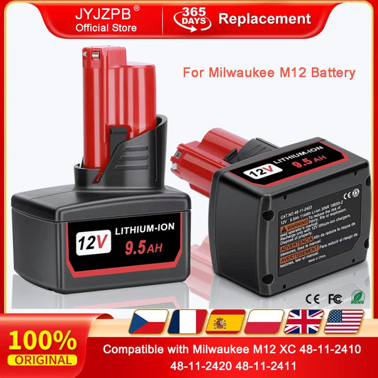 For Milwaukee M12 Battery 12V 3/6.5/9.5Ah Compatible with Milwaukee M12 XC 48-11-2410 48-11-2420 48-11-2411 Cordless Tool 2 Pack