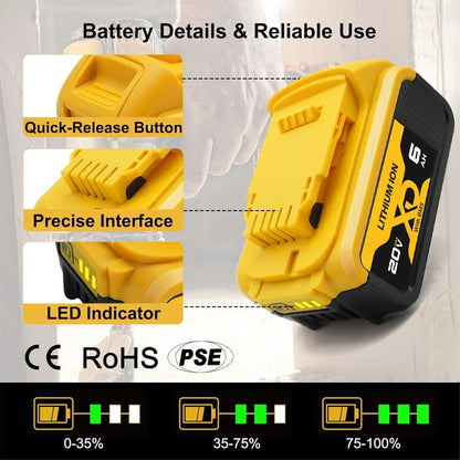New DCB200 20V 4Ah/6Ah/12Ah Lithium Replacement Battery For Dewalt 18V DCB200 DCB180 DCB181 DCB182 DCB184 DCB201 DCB206